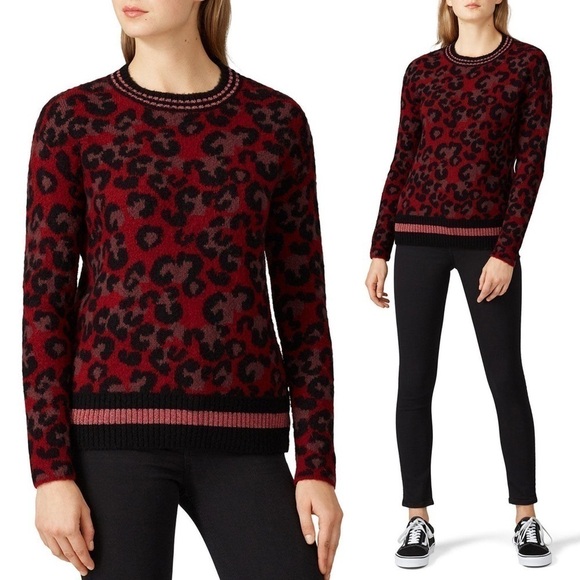 *CENTRAL PARK WEST Cherry Red Leopard Sherpa Knit Varsity Stripe Trim Sweater M - Picture 1 of 10